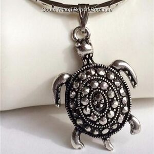 Sea Turtle Necklace Silver Plated Nautical 18" Island Marcasite Crystal Filigree